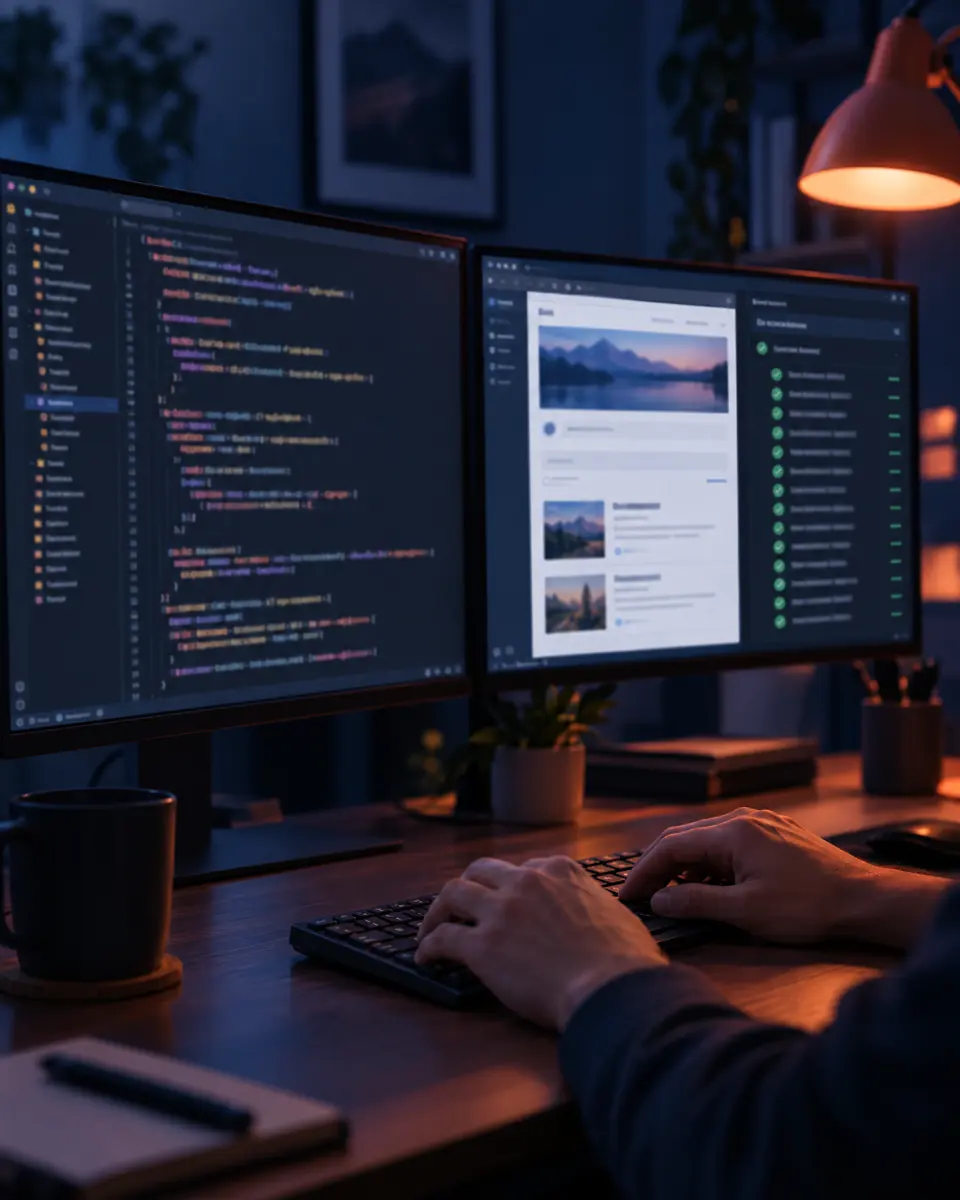 A developer typing, with a code editor on one screen and the running app beside passing tests on the other